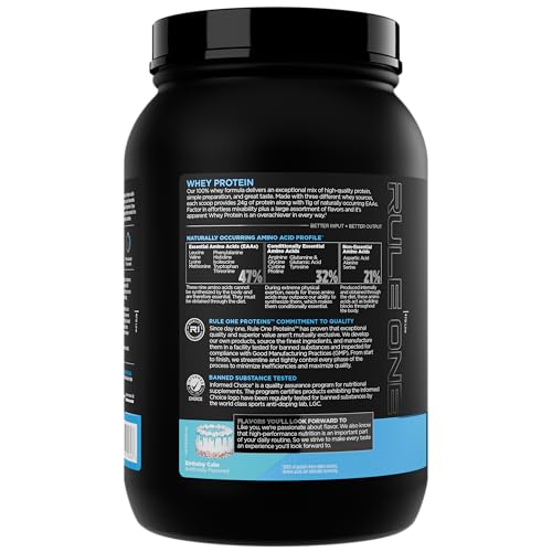 Rule 1 Whey Protein scoop reveals powder ready for fast mixing.