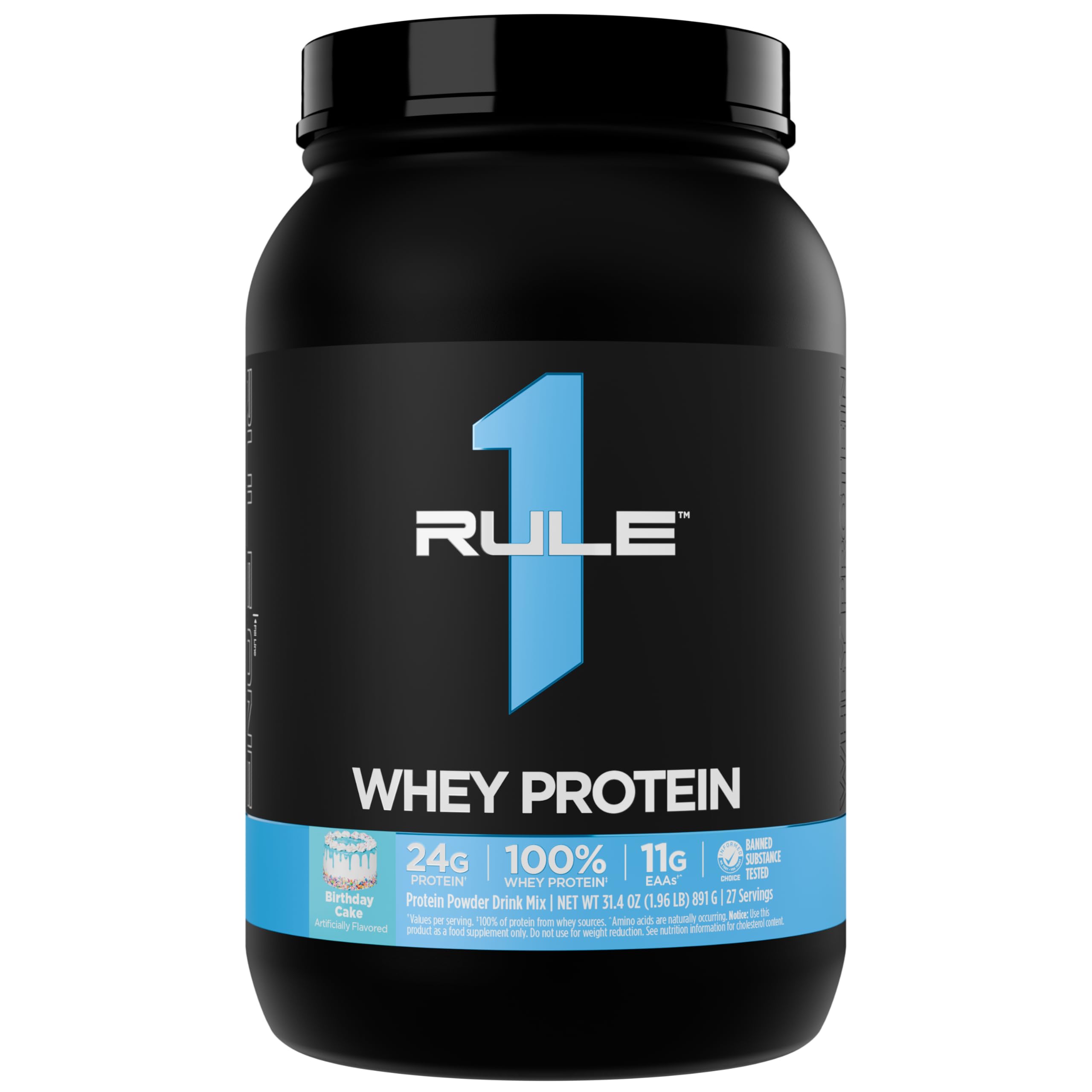 Rule 1 Whey Protein tub front shows premium packaging for daily fueling.