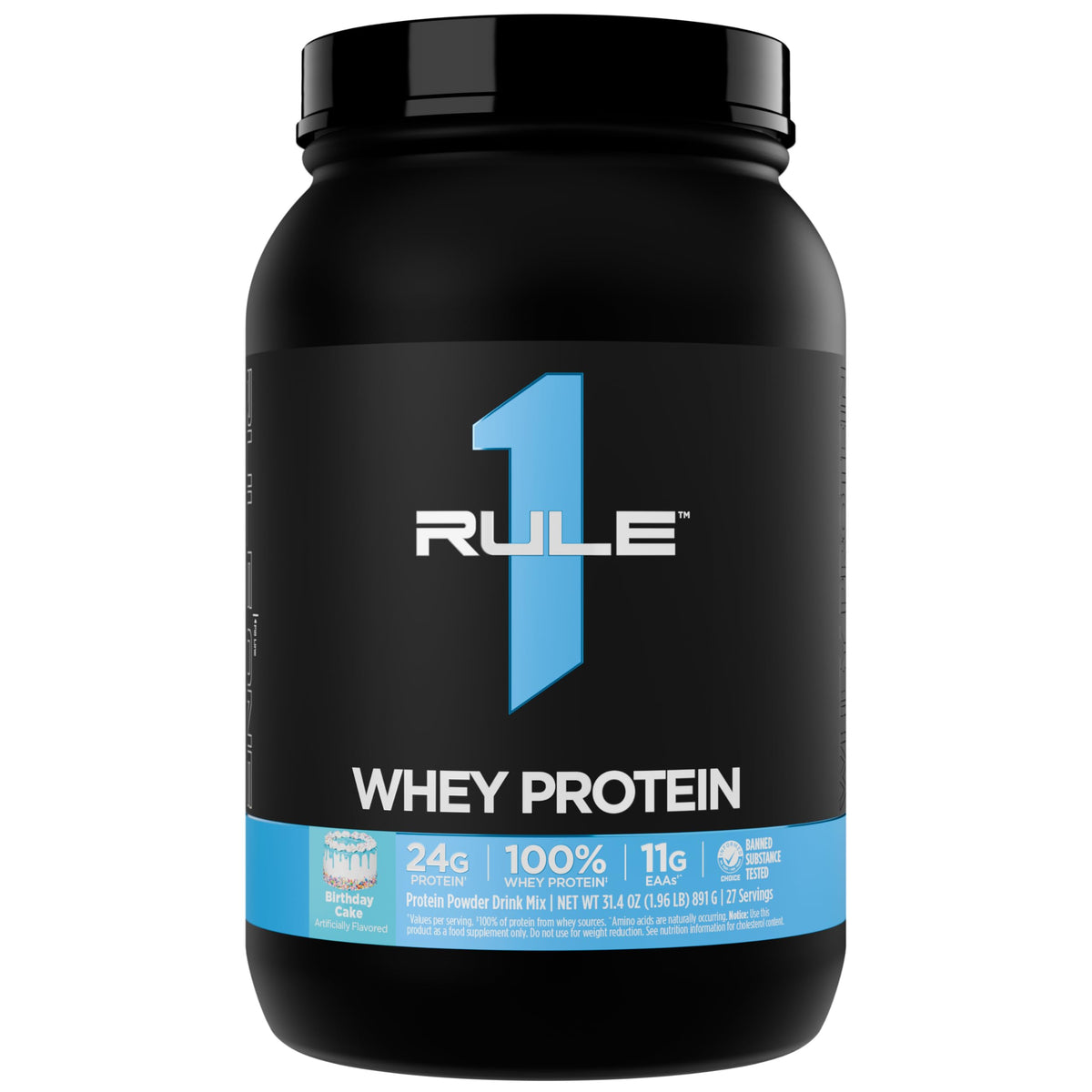 Rule 1 Whey Protein tub front shows premium packaging for daily fueling.