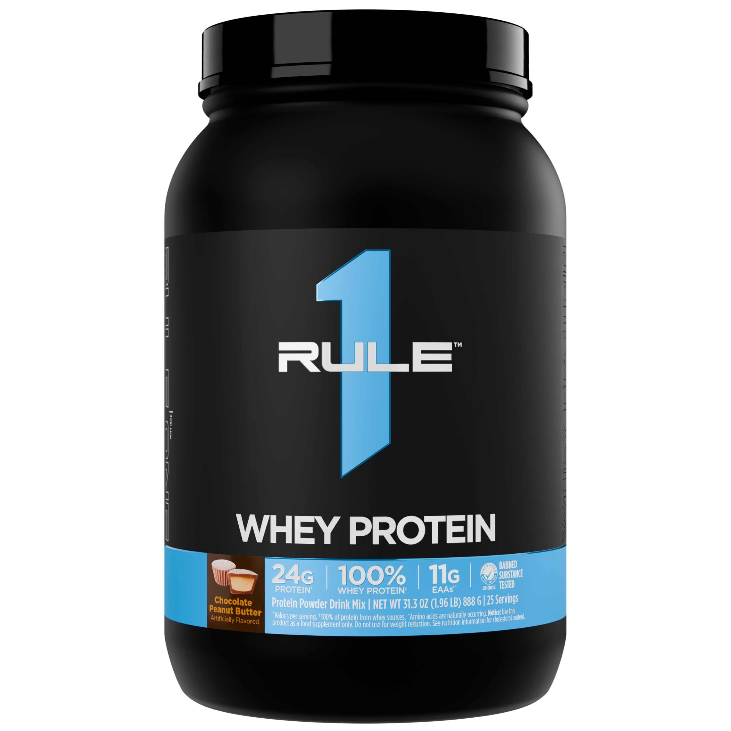 Rule 1 Whey Protein tub front highlights 24g protein per serving.