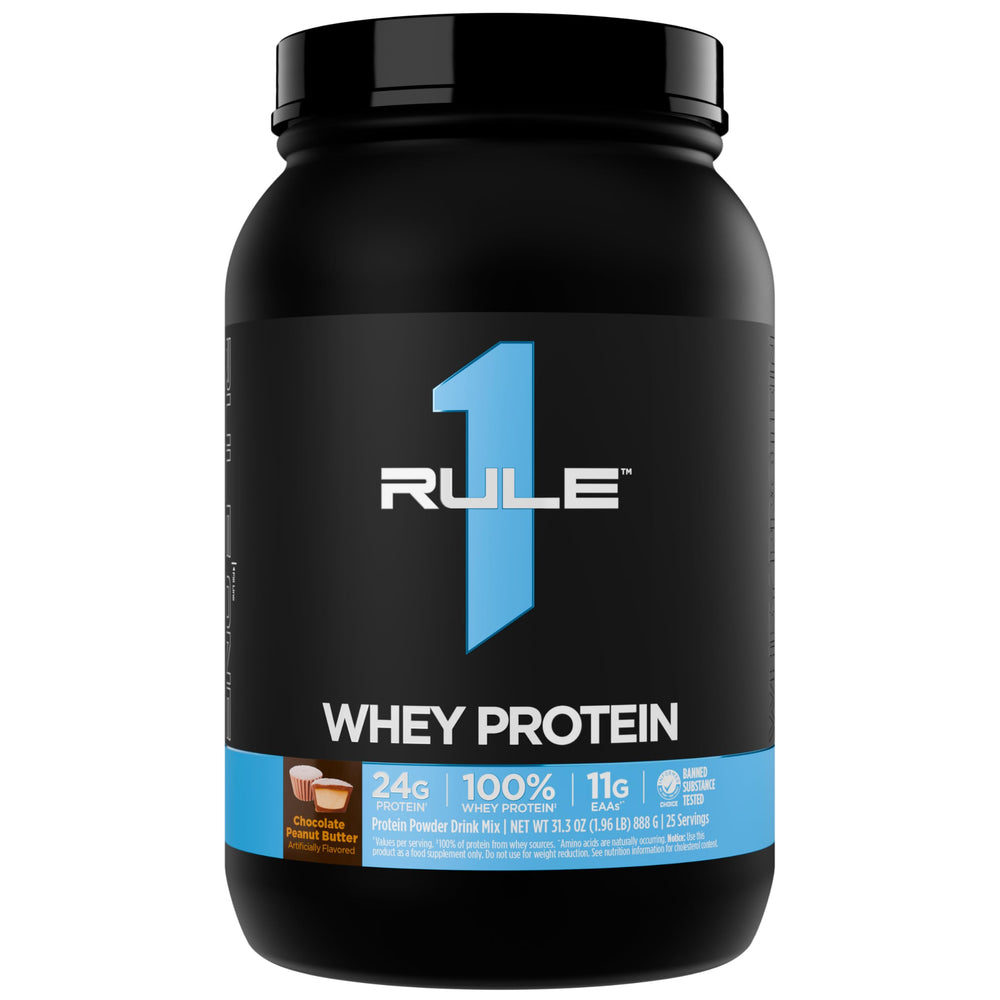 Rule 1 Whey Protein tub front highlights 24g protein per serving.