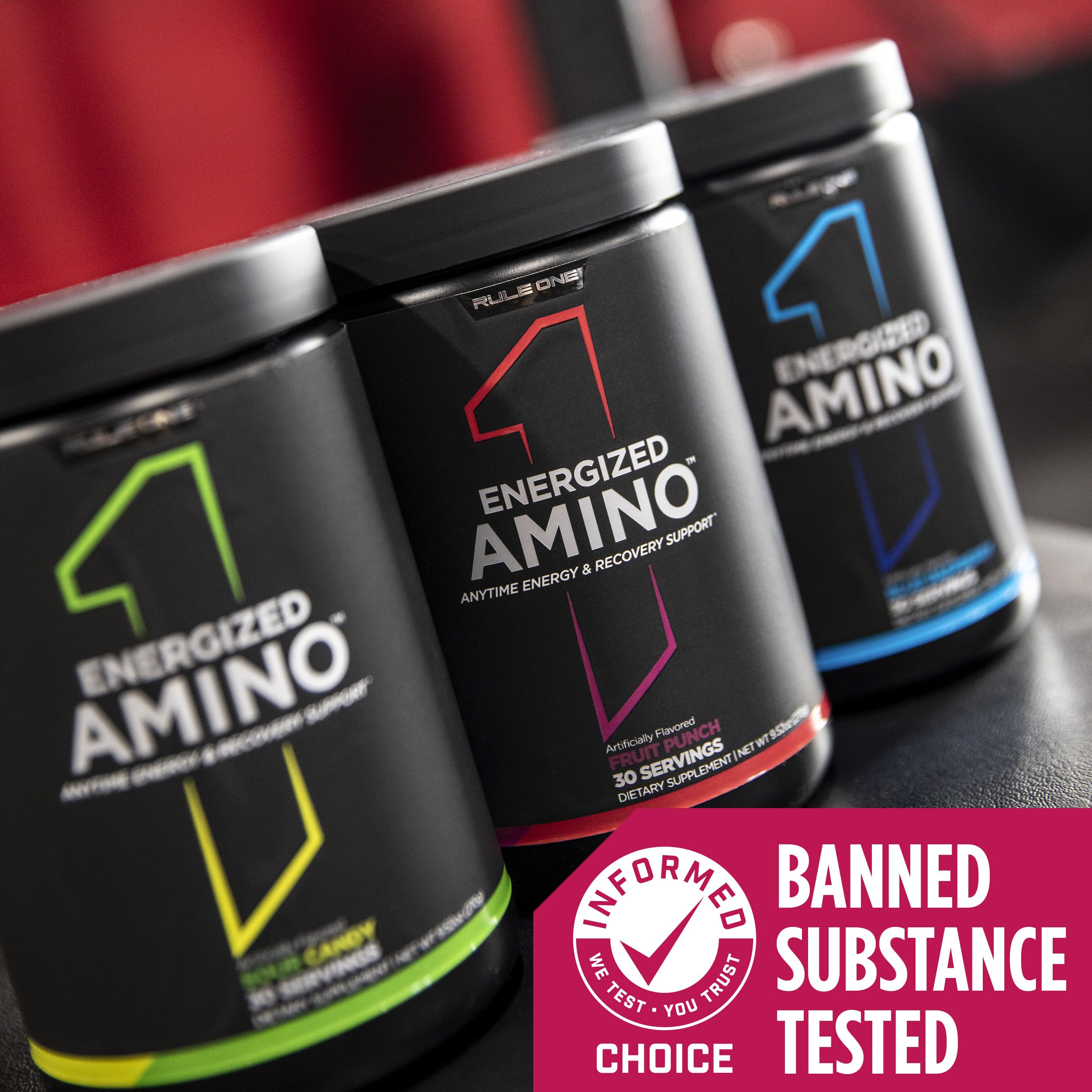 Close-up of Rule 1 Energized Amino label highlighting GMP manufacturing practices