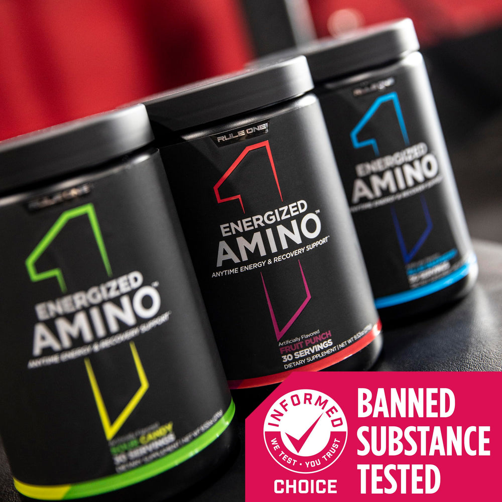 Close-up of Rule 1 Energized Amino label highlighting GMP manufacturing practices