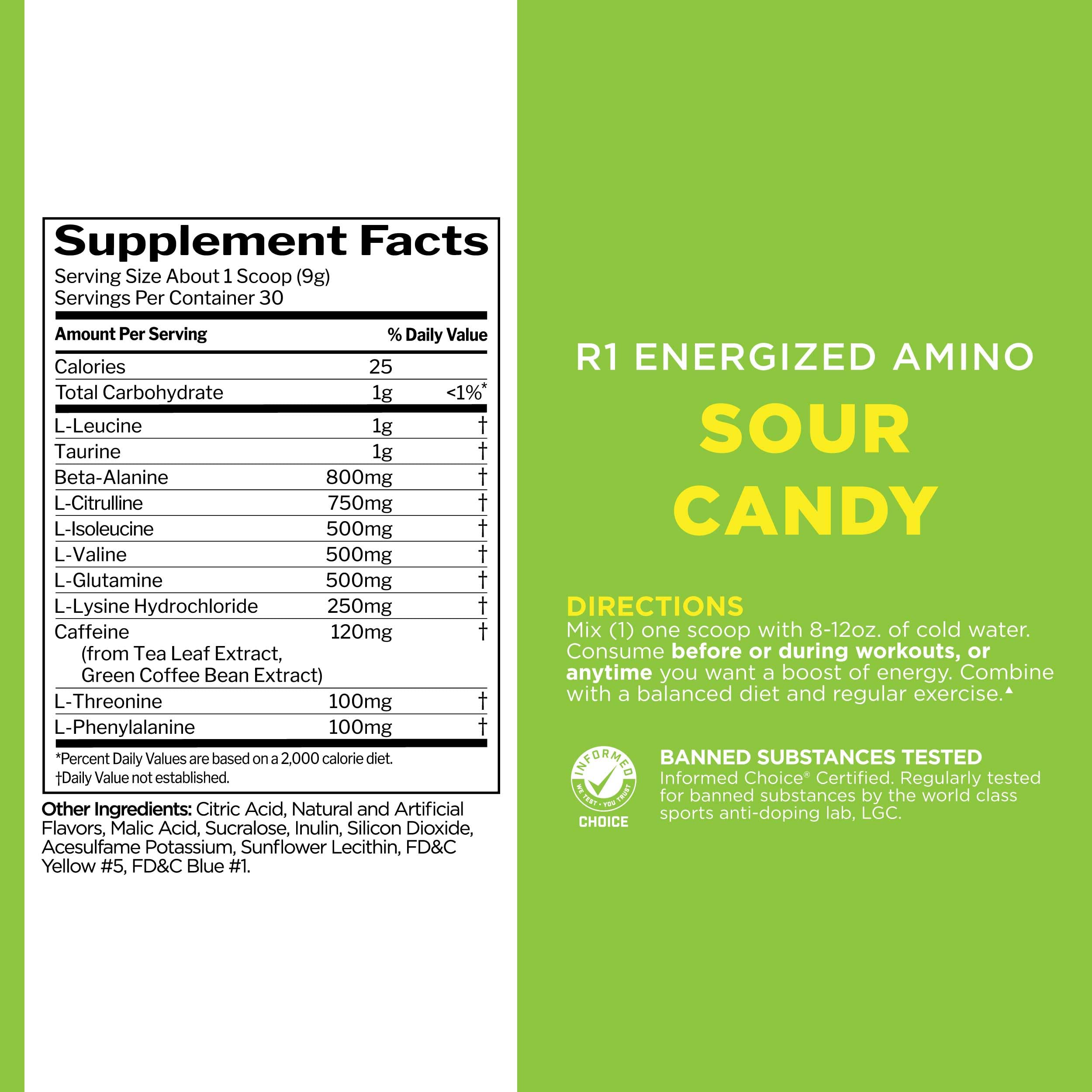 Rule 1 Energized Amino packaging with green coffee beans and tea leaf imagery