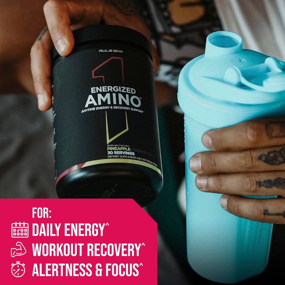 Rule 1 Energized Amino powder stirred into water for a post-workout drink