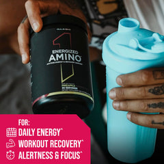 Rule 1 Energized Amino powder stirred into water for a post-workout drink