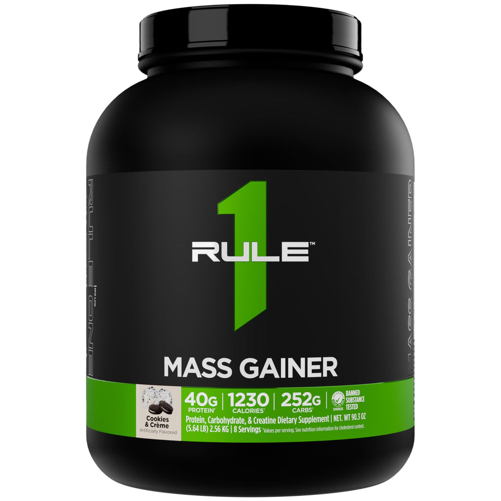 Rule1 Mass Gainer bottle label with clear ingredient list and calories