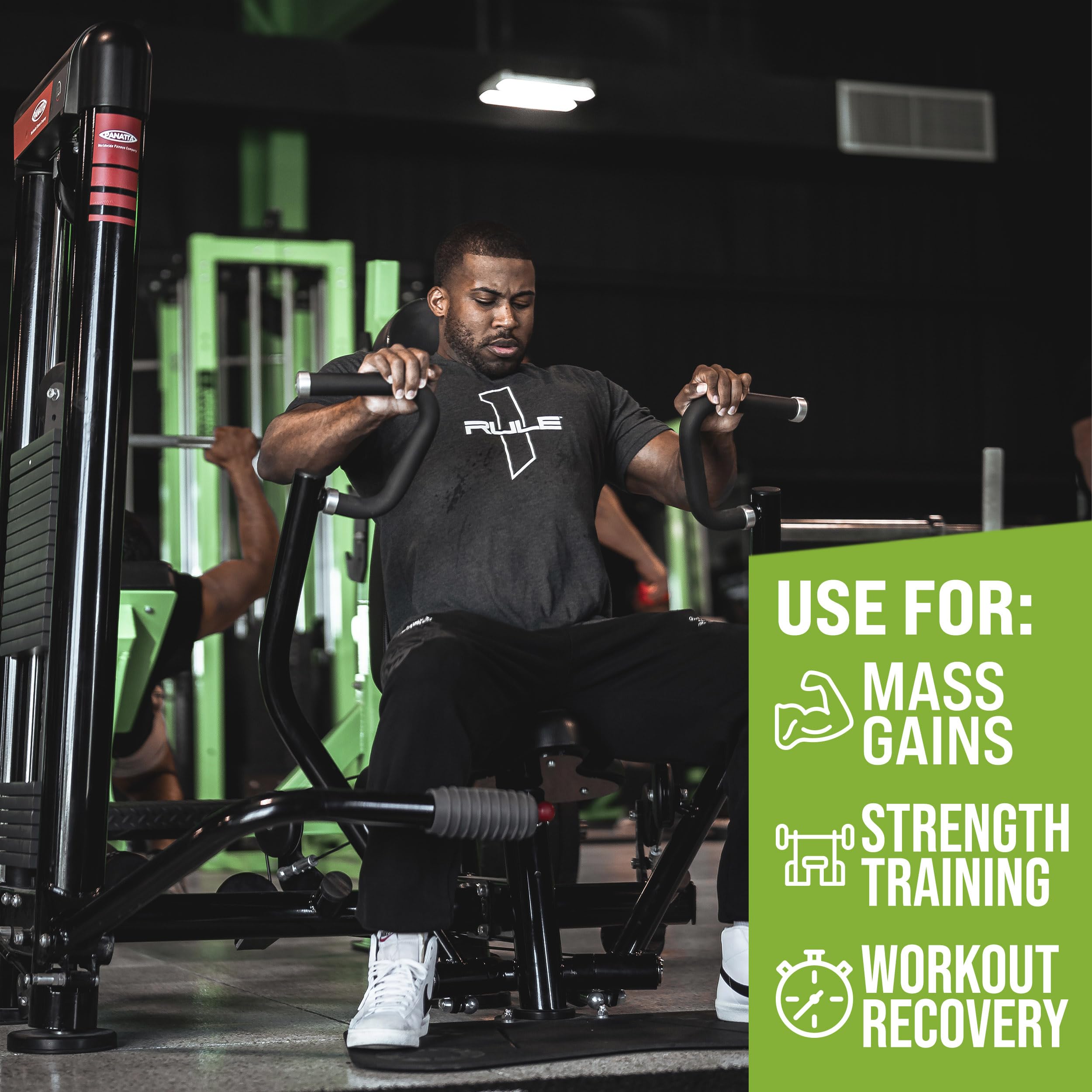Rule1 Mass Gainer nutrition panel highlights calories and macros
