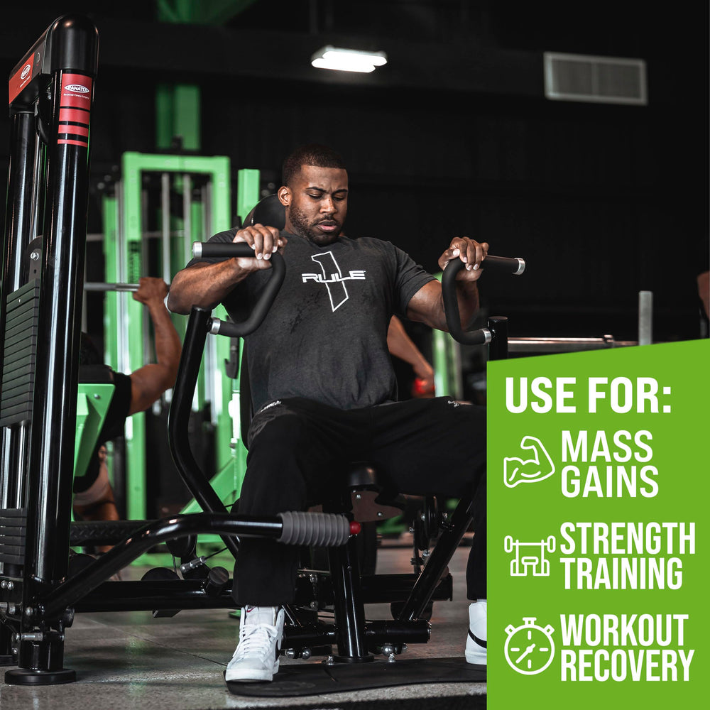 Rule1 Mass Gainer nutrition panel highlights calories and macros