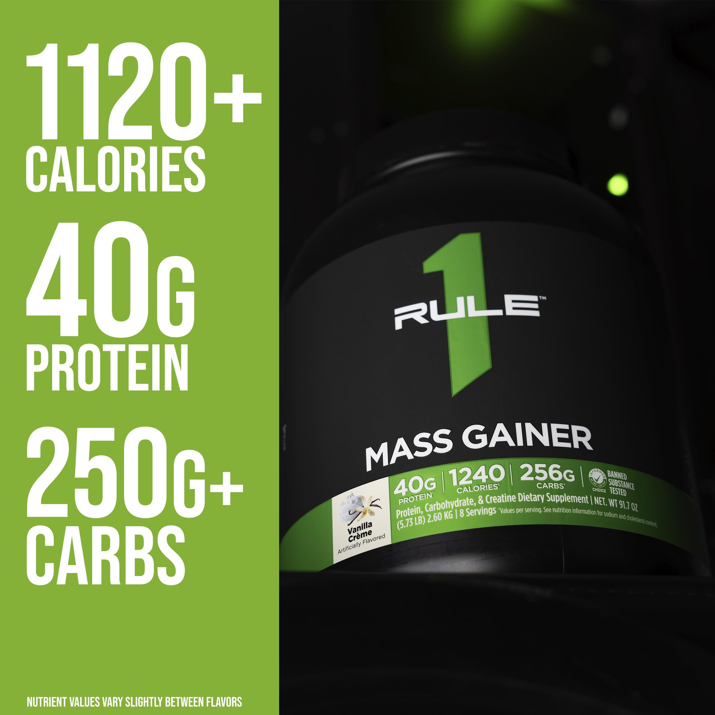 Rule1 Mass Gainer front pack displays brand and flavor Cookies Crème