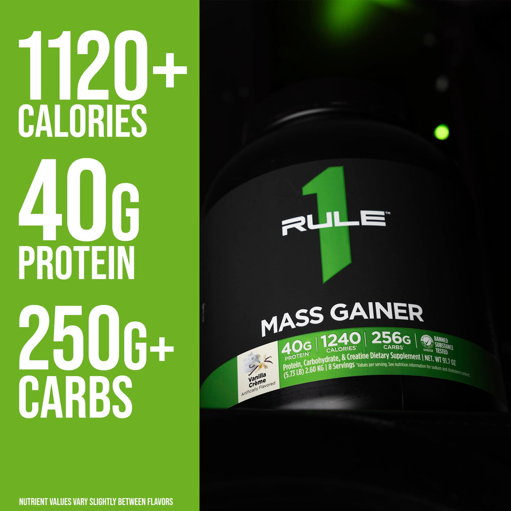 Rule1 Mass Gainer front pack displays brand and flavor Cookies Crème