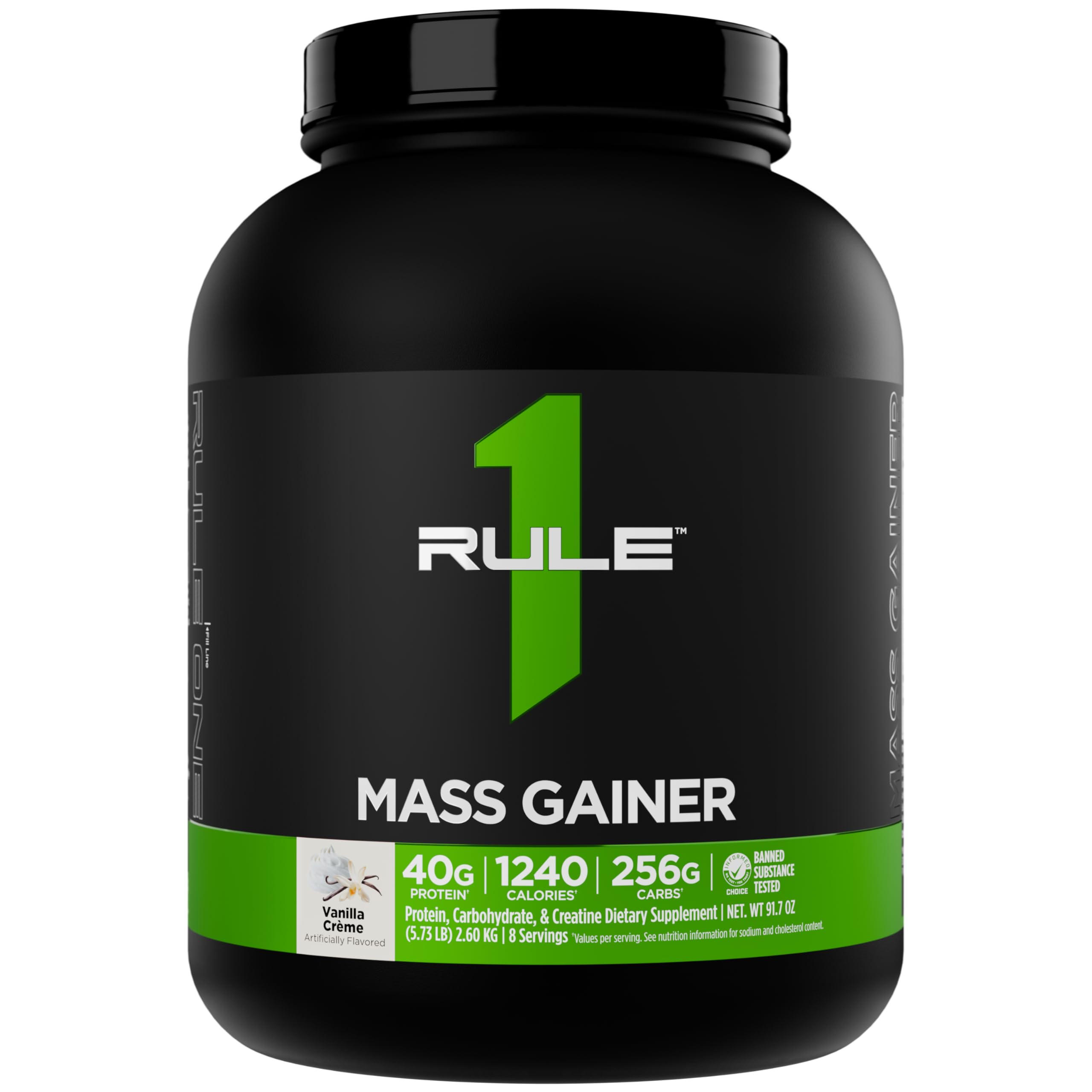 Rule1 Mass Gainer Vanilla Creme bottle; premium flavor and packaging.