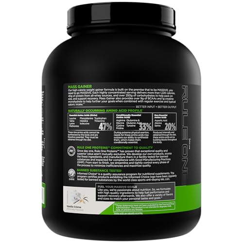 Rule1 Mass Gainer Vanilla Creme powder with scoop for easy mixing.