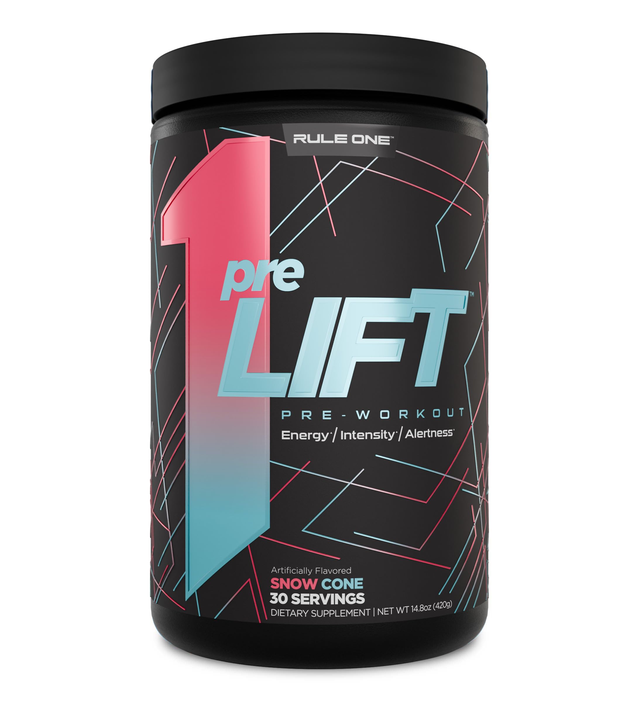 Rule 1 preLIFT tub front showing Snow Cone flavor for energy-minded training