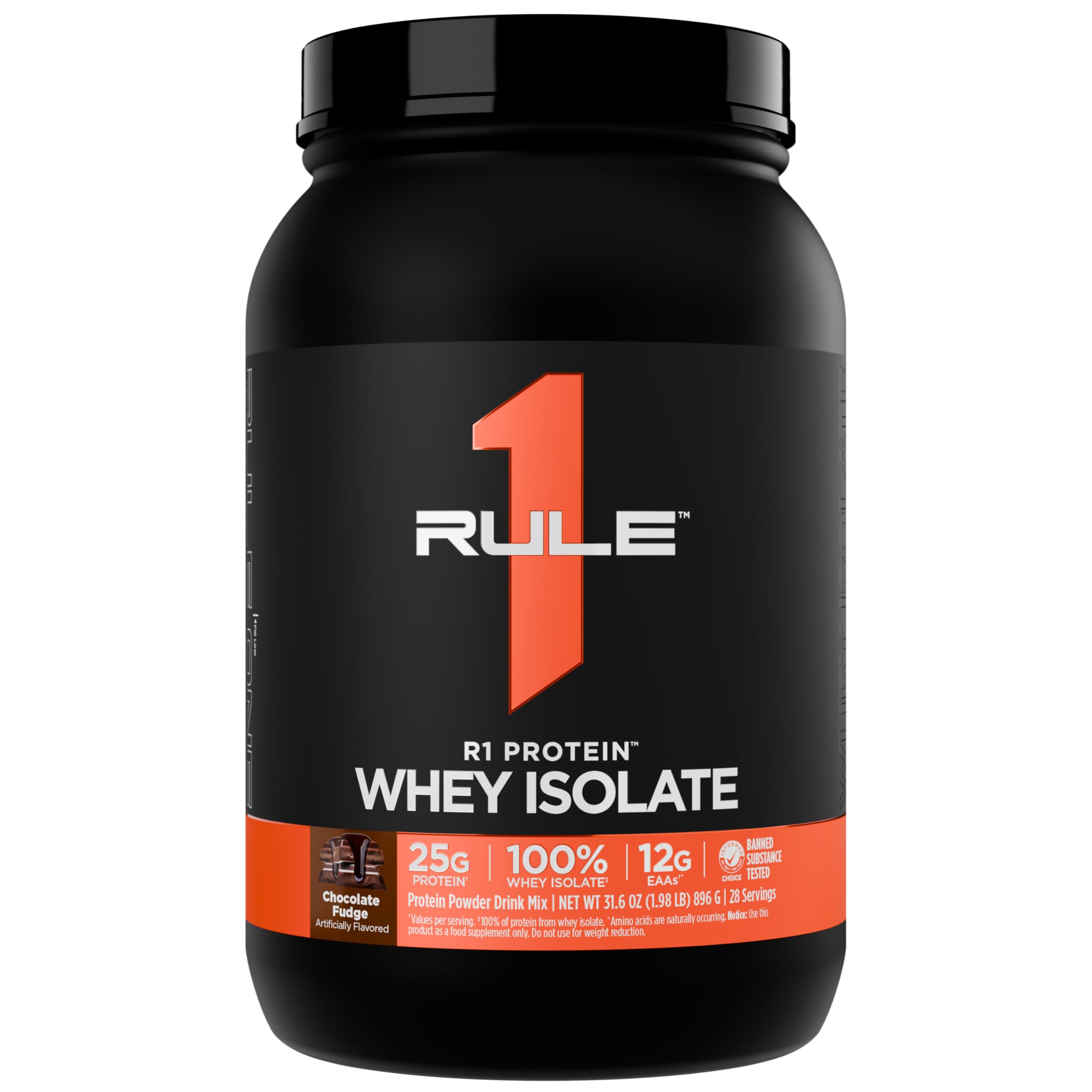 Rule 1 R1 Protein Whey Isolate Chocolate Fudge powder for clean, fast-acting protein.