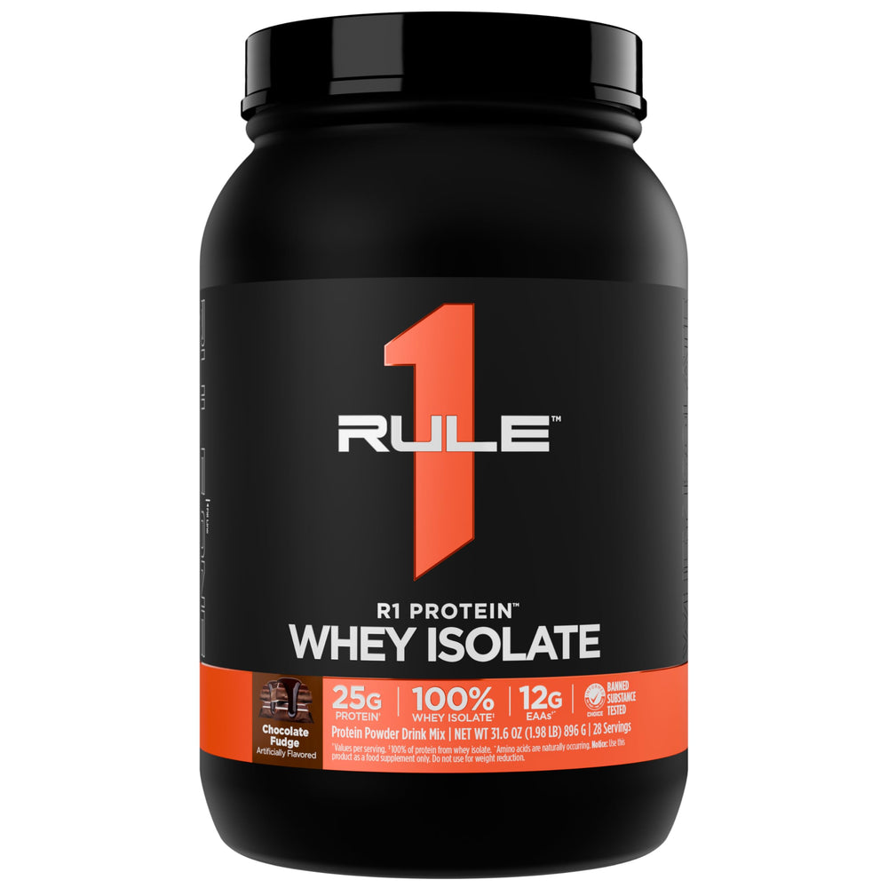 Rule 1 R1 Protein Whey Isolate Chocolate Fudge powder for clean, fast-acting protein.