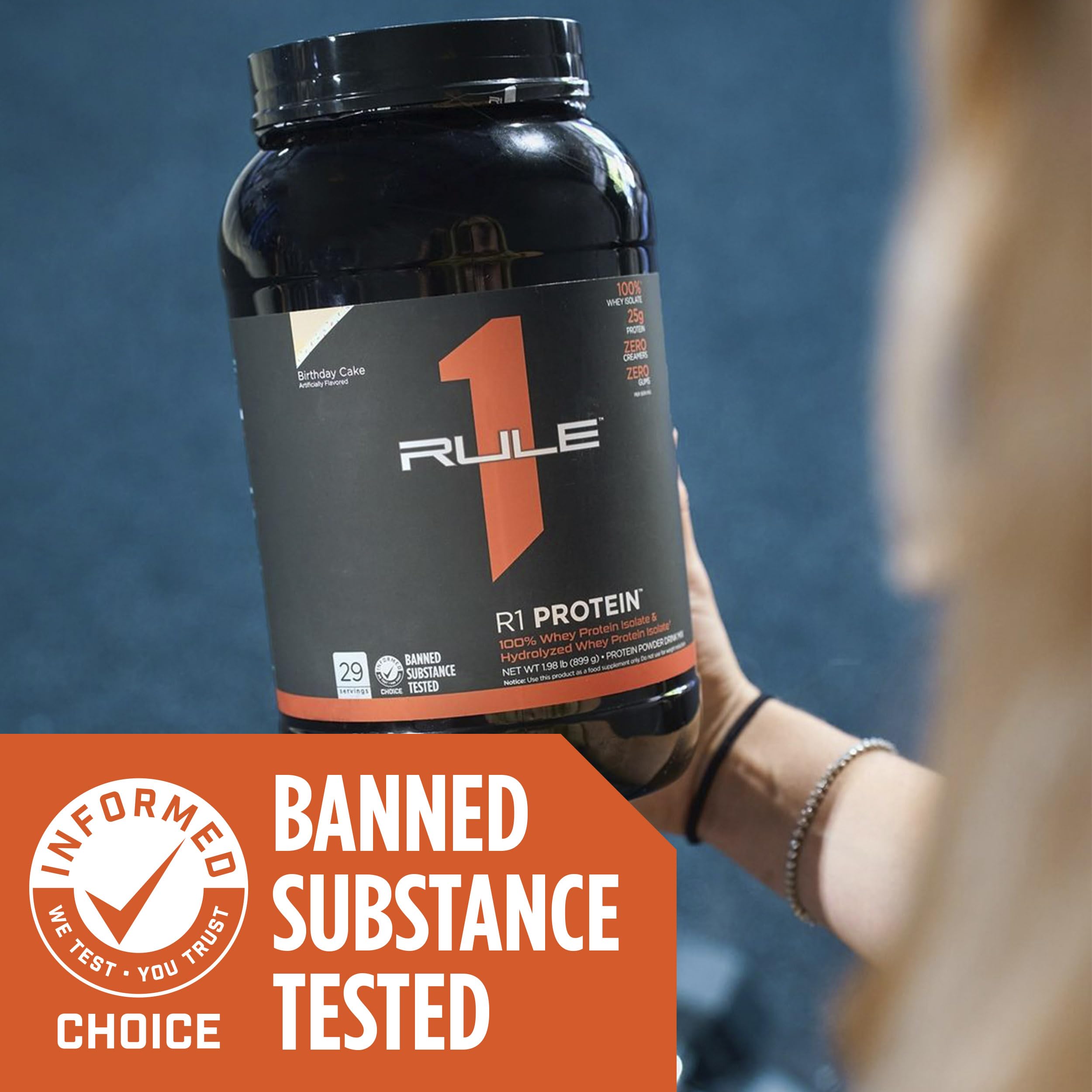 Rule 1 R1 Chocolate Fudge flavor visual conveys enjoyable high-protein snack.