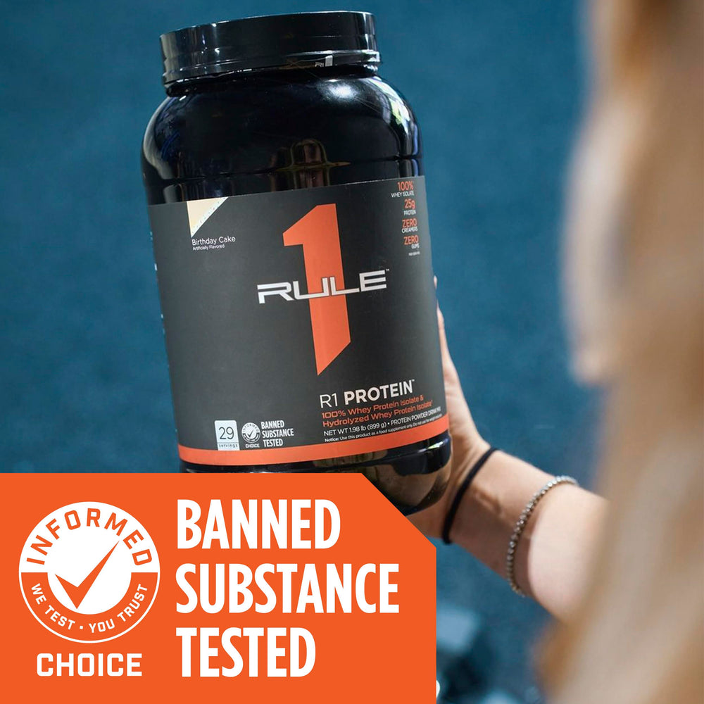 Rule 1 R1 Protein Whey Isolate nutrition panel highlights 25g protein per serving