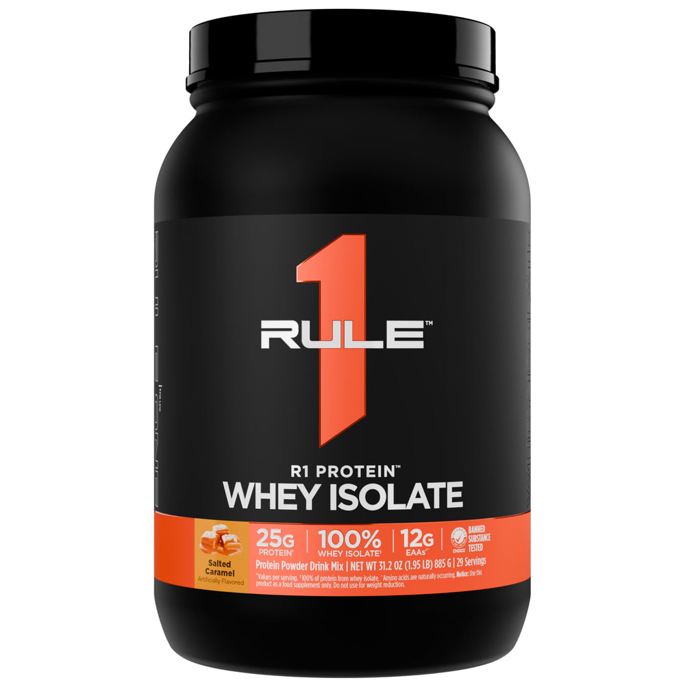 Rule 1 R1 Protein Whey Isolate scoop shows 25g protein per serving for recovery