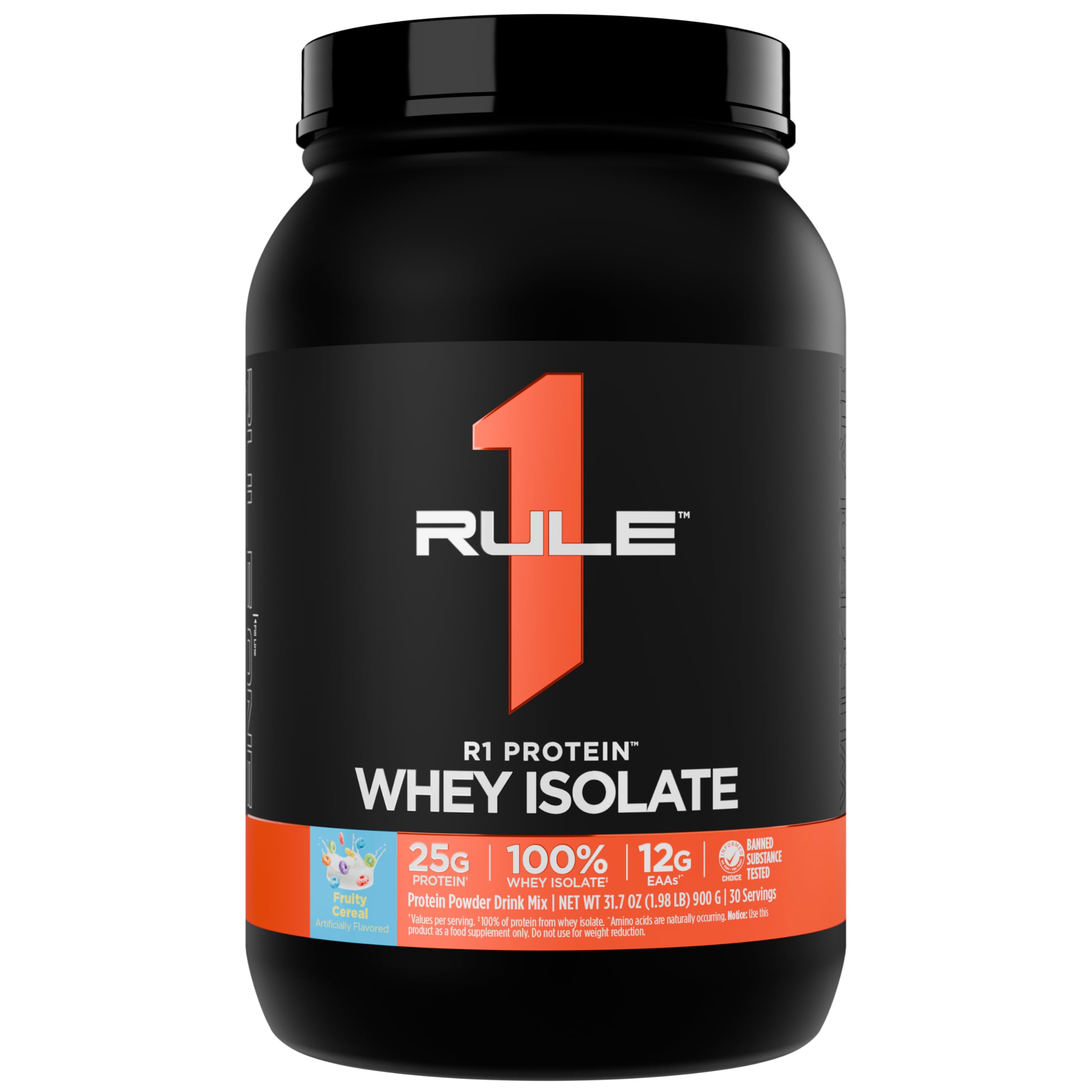 Rule 1 R1 Whey Isolate packshot with Fruity Cereal flavor for clean protein