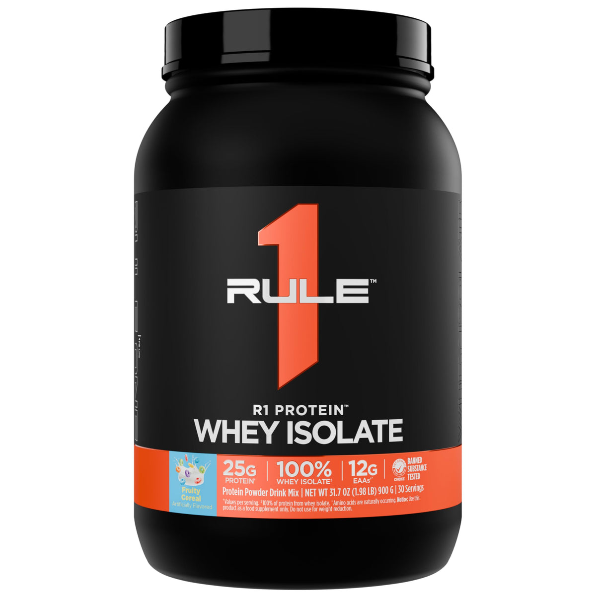 Rule 1 R1 Whey Isolate packshot with Fruity Cereal flavor for clean protein