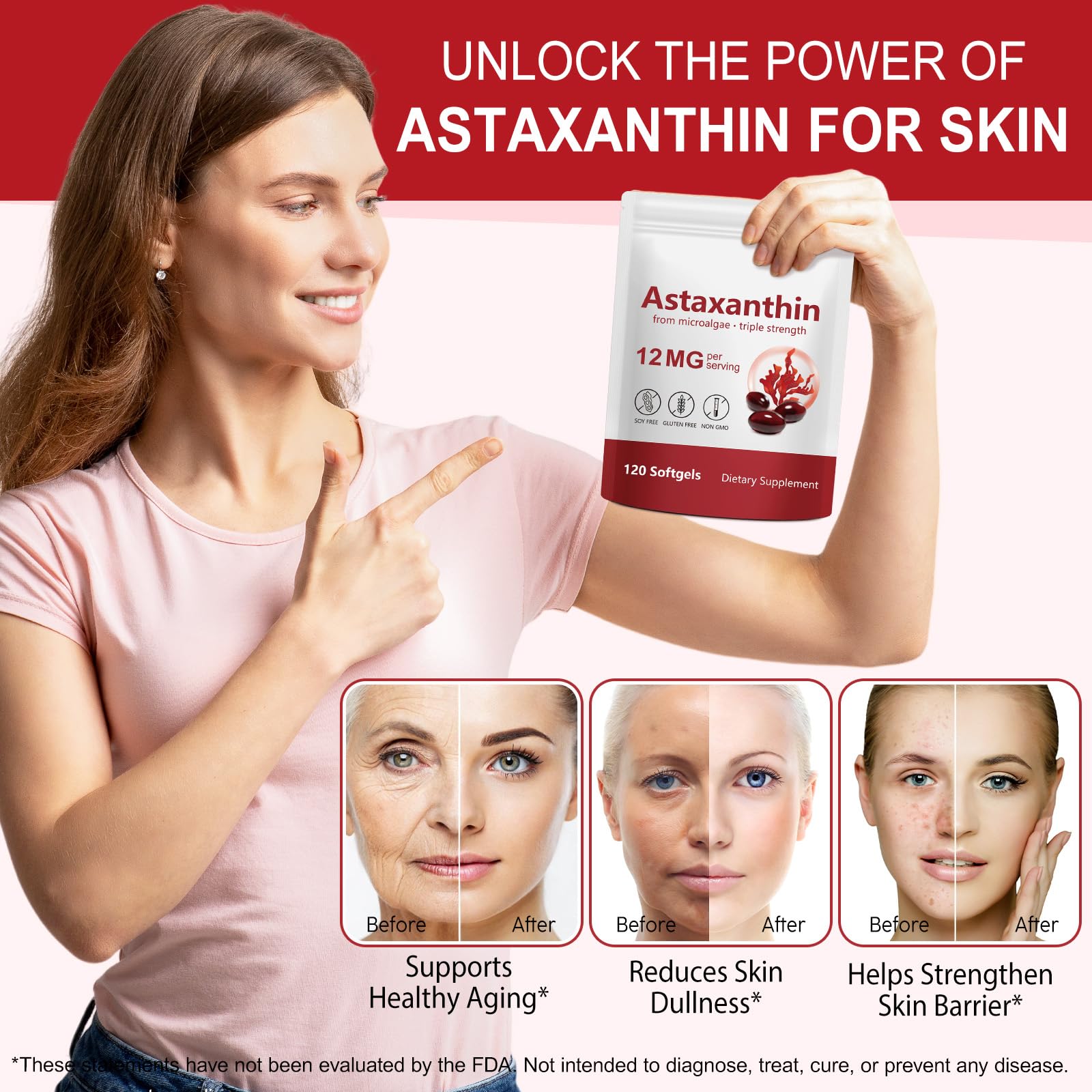 Rulviou Astaxanthin softgels bottle on table beside lifestyle cues.