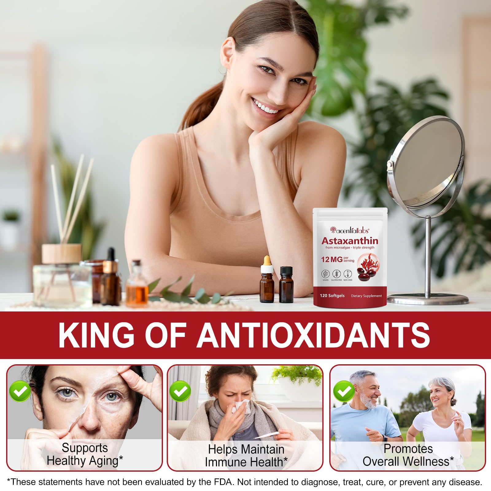 Rulviou Astaxanthin softgels label emphasizes non-GMO algae origin and gluten-free formula.