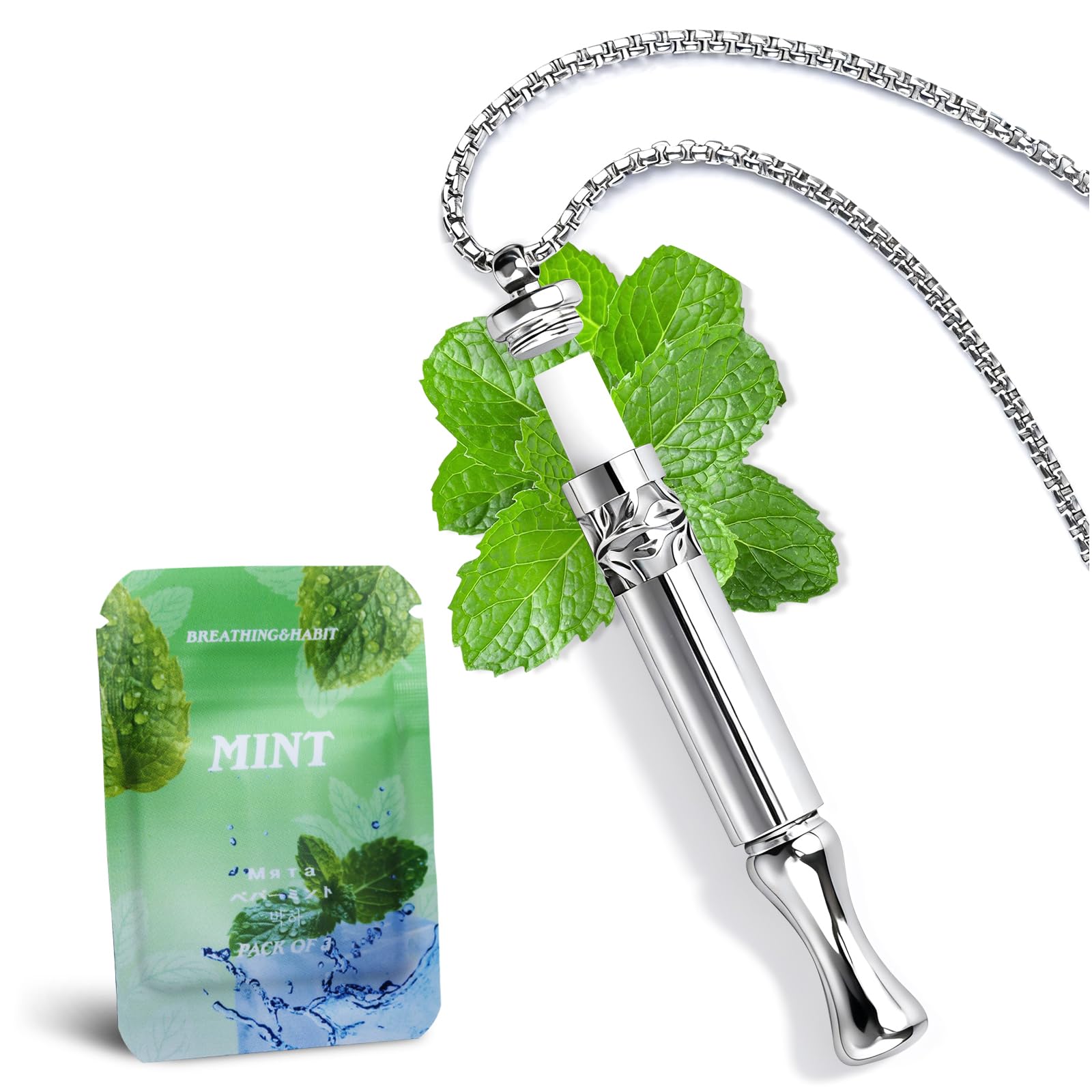 Runmecy Quit Smoking Necklace with mint pods close-up showing refreshing breath