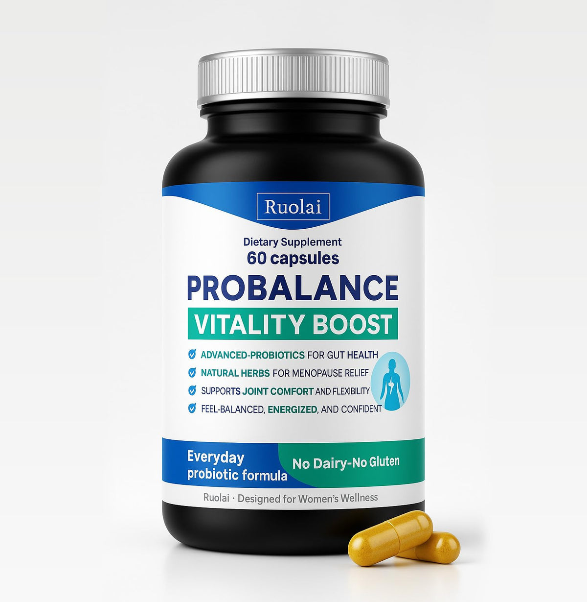 Ruolai ProBalance packaging front for midlife wellness and probiotic support.