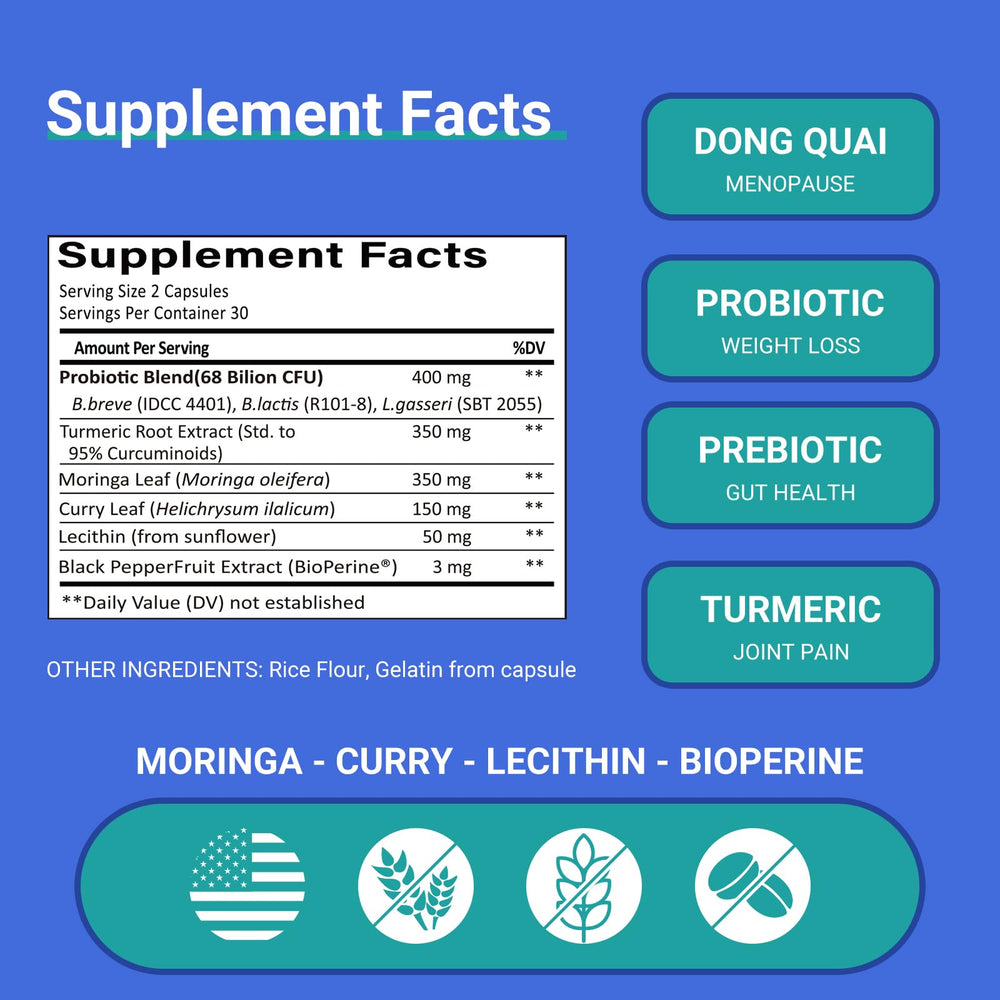 Ruolai turmeric-moringa-curry-leaf blend showing plant-based antioxidant synergy.