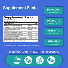 Ruolai turmeric-moringa-curry-leaf blend showing plant-based antioxidant synergy.