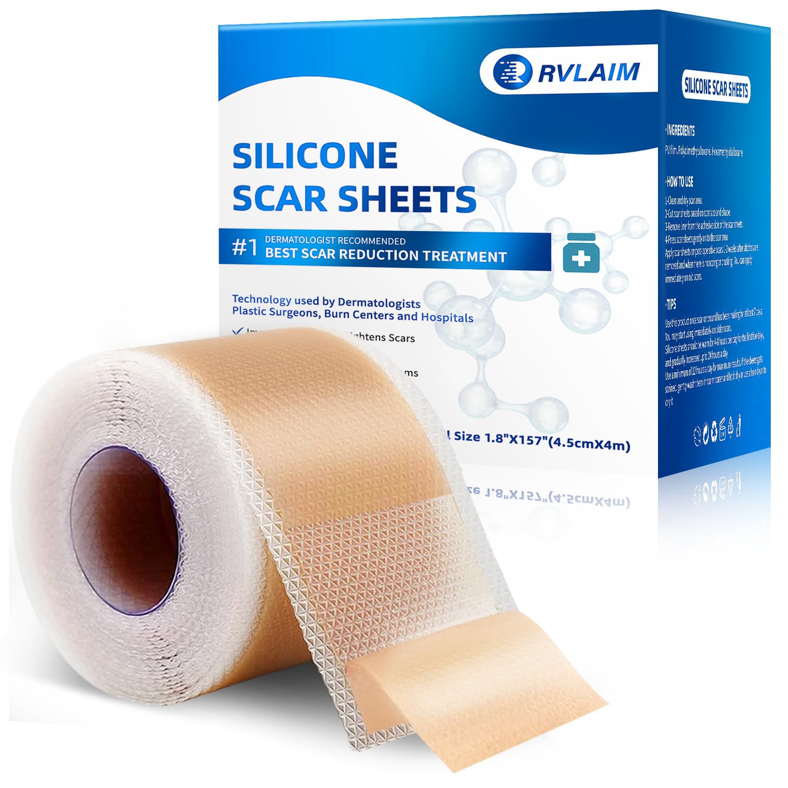 Rvlaim silicone scar sheets roll shown, ultra-thin breathable design for day-long wear