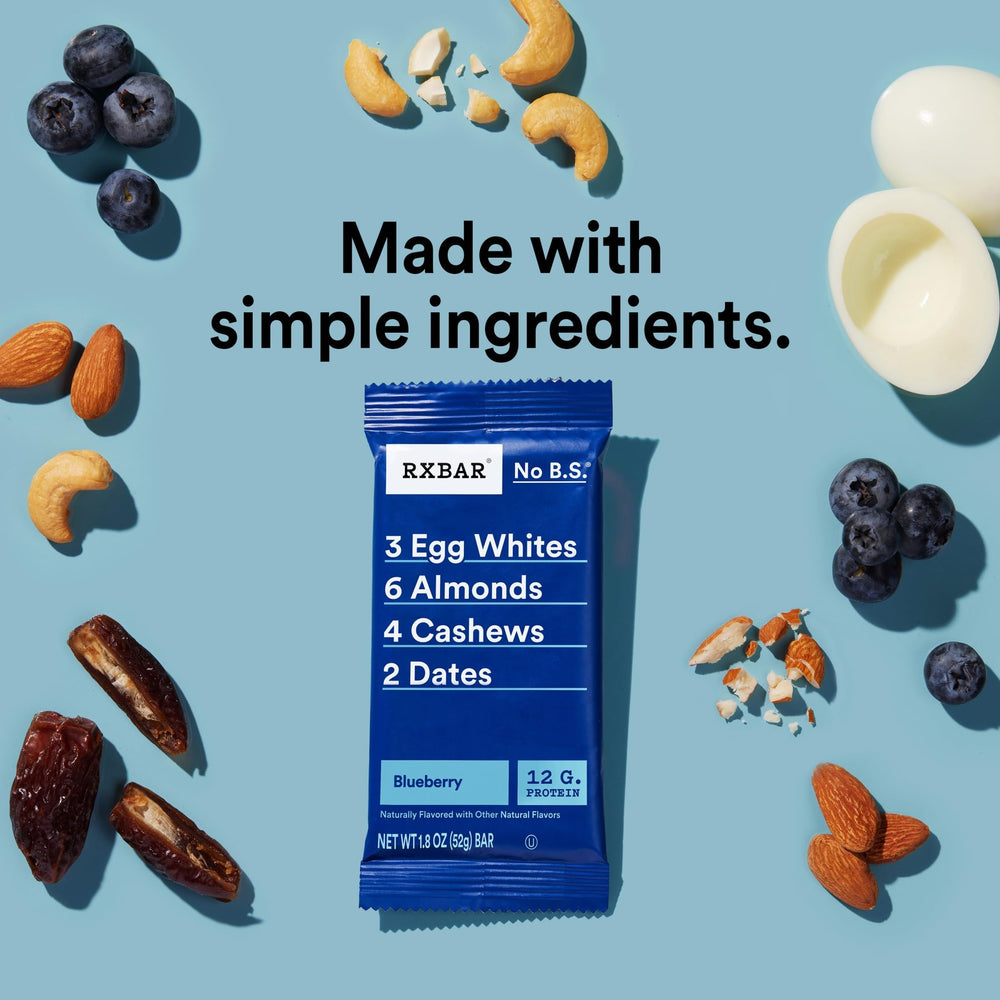 RXBAR Blueberry bar texture close-up highlighting dates and nuts.