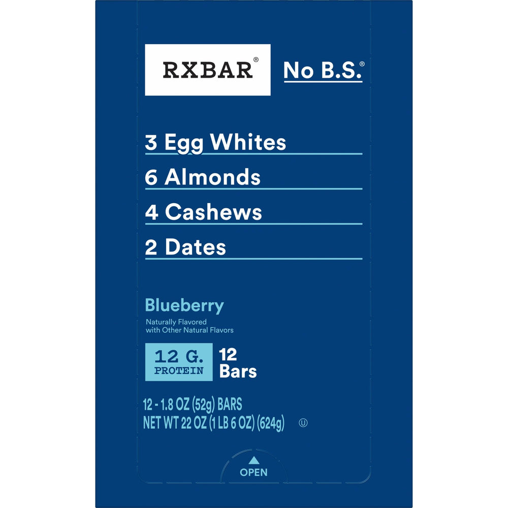 RXBAR Blueberry bars on kitchen counter showcasing simple ingredients.