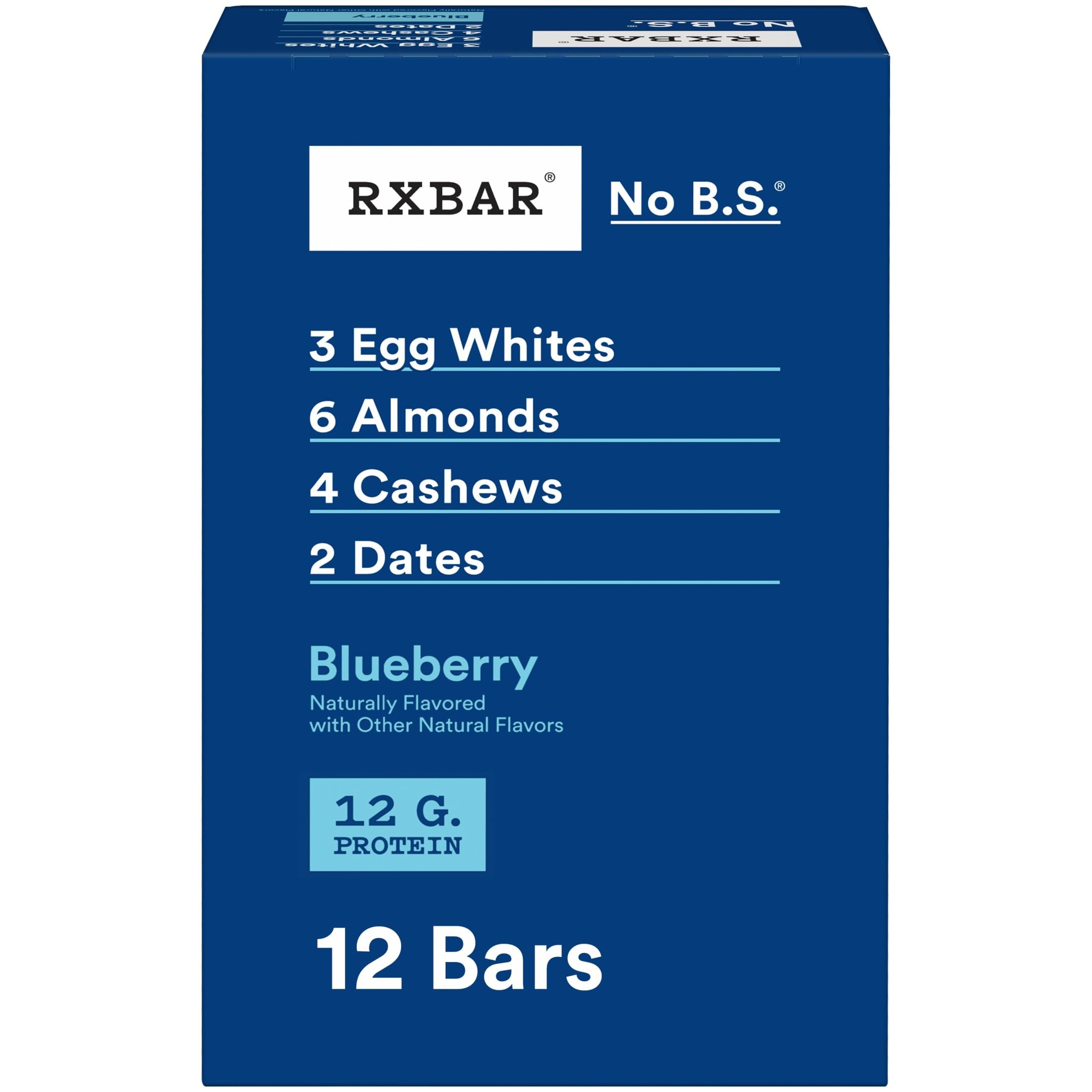 RXBAR Blueberry box front showing 12 bars for convenient snacking on the go.