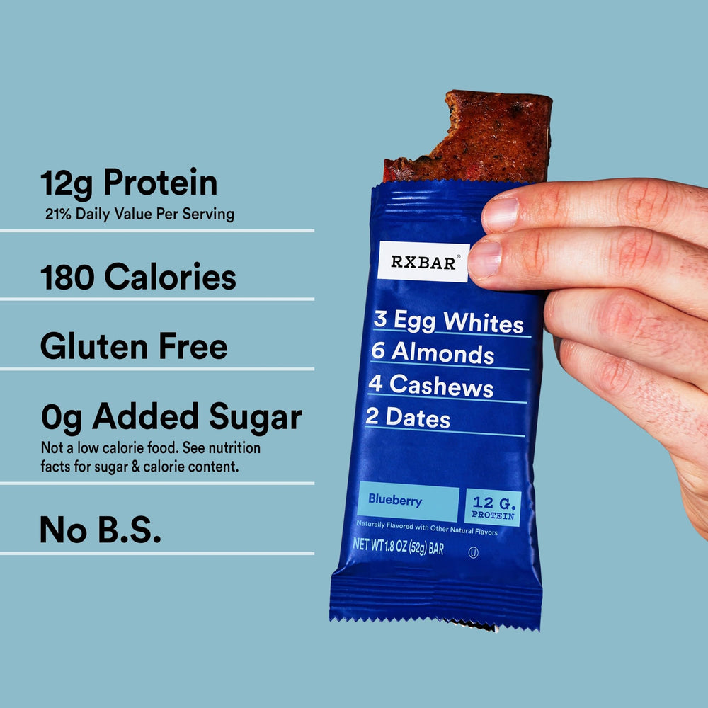 RXBAR Blueberry box open showing individual bars and 12-count packaging.