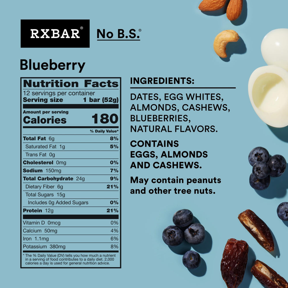 RXBAR Blueberry ingredients close-up with egg whites and nuts for protein-rich real food.