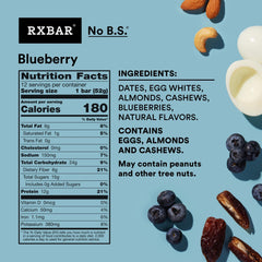 RXBAR Blueberry ingredients close-up with egg whites and nuts for protein-rich real food.