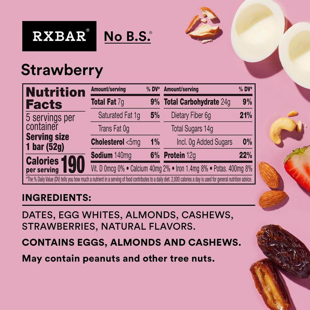 Close-up of RXBAR Strawberry showing real ingredients and texture