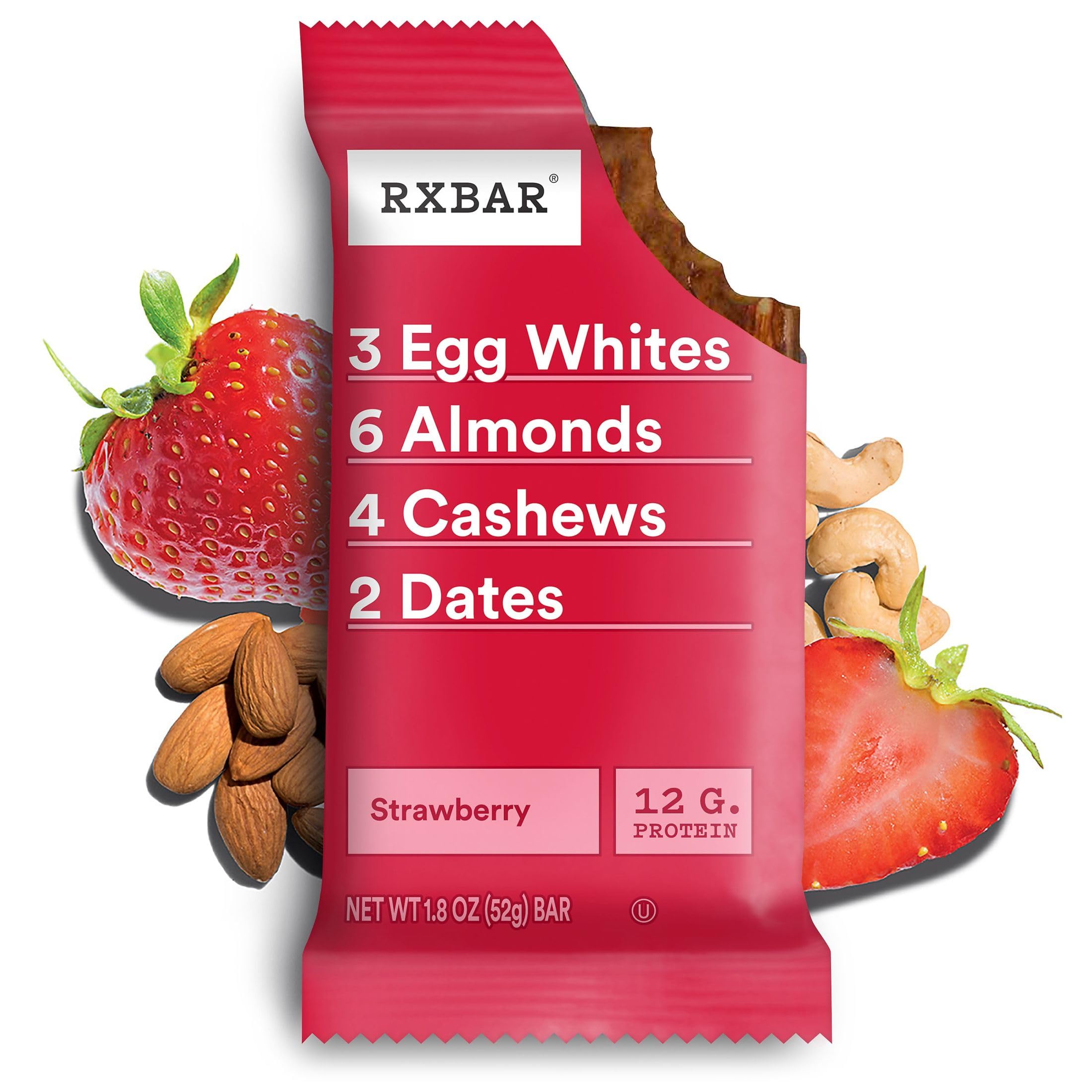 RXBAR Strawberry bar broken in half showing protein-rich interior