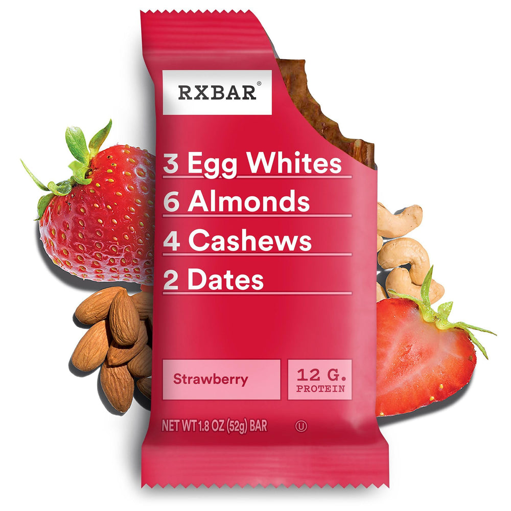 RXBAR Strawberry bar broken in half showing protein-rich interior