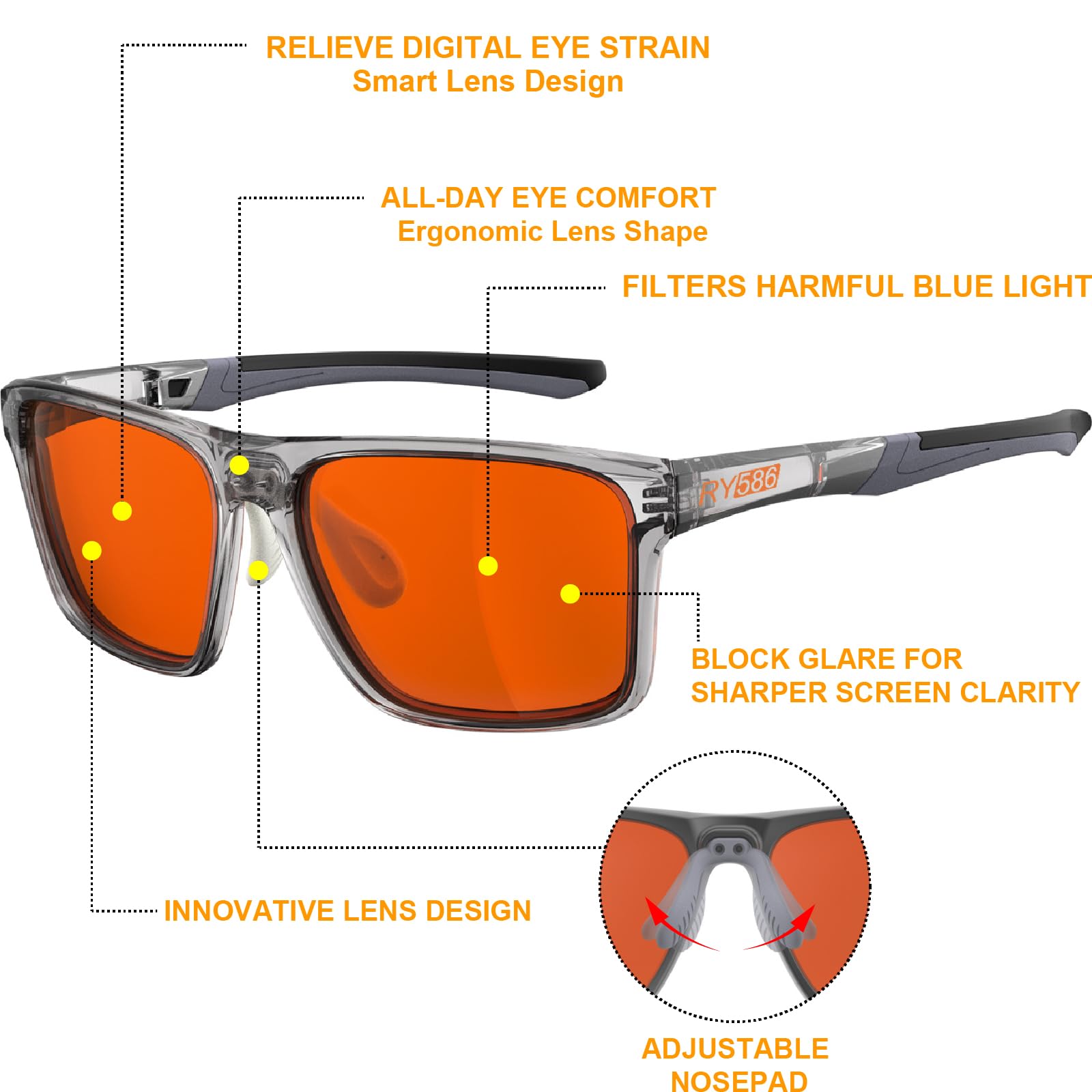 RY586 HD Premium Sleep Glasses lens close-up highlights tinted lenses for sharper contrast.