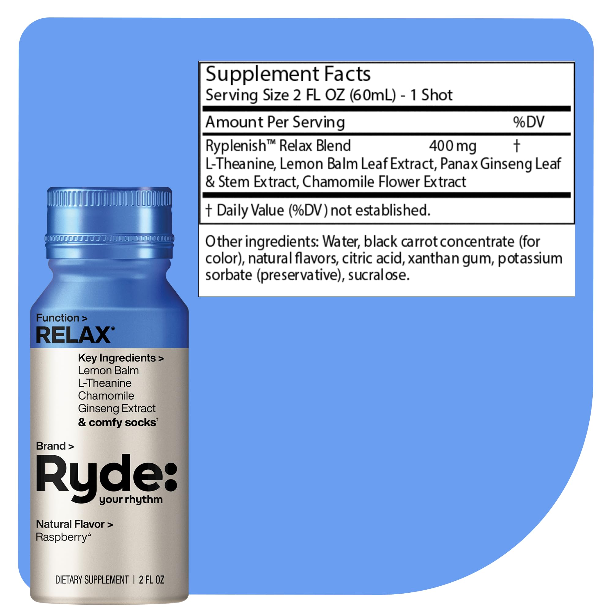 RYDE Relax shot bottle with raspberry flavor for calm moments