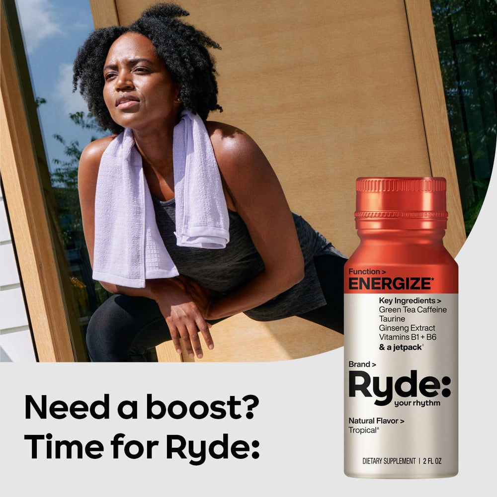 Ryde Energize Shot pack of 24 illustrating bulk tropical energy.