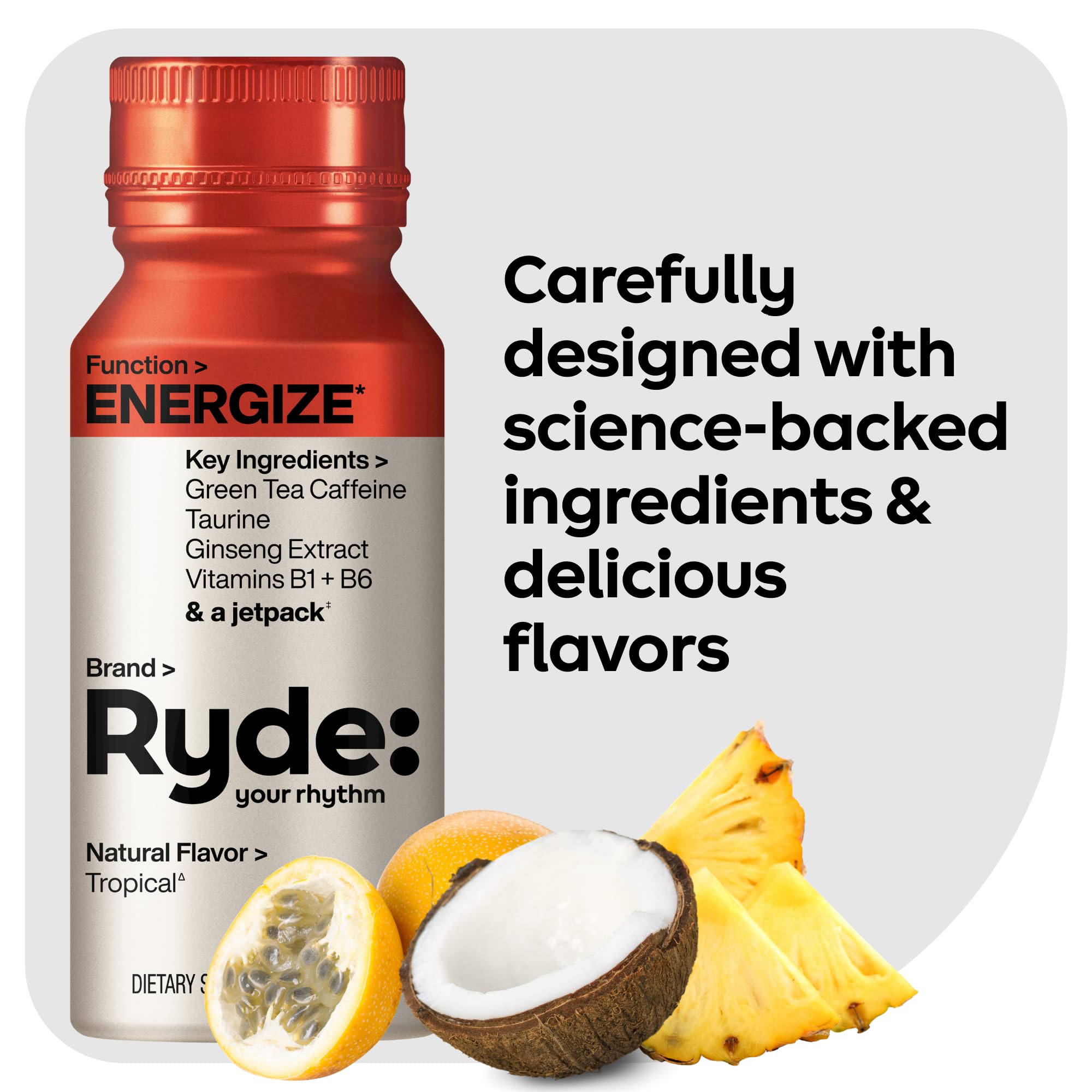 Ryde Energize Shot being poured with vibrant tropical aroma