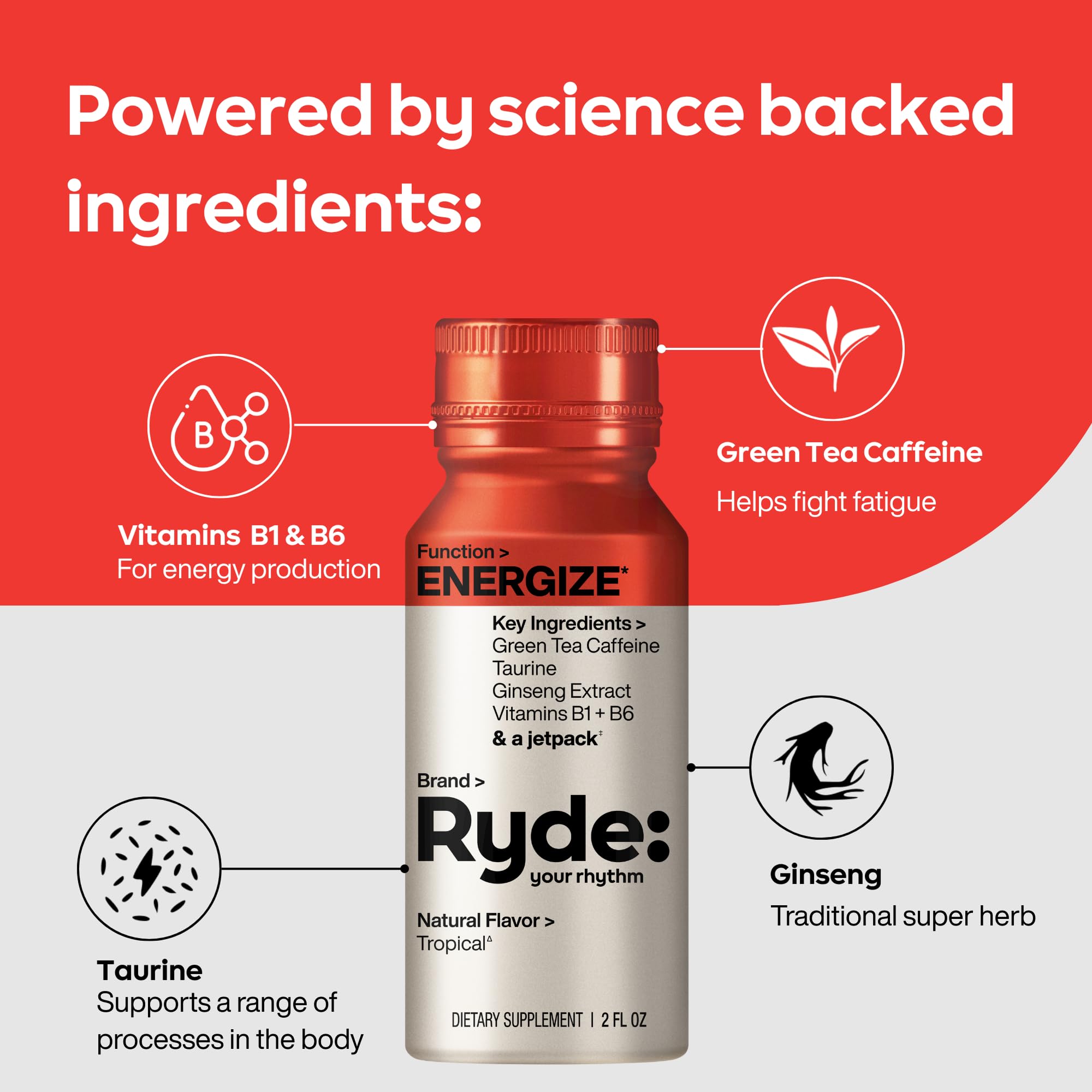 Ryde Energize Shot taurine and ginseng ingredients close-up signaling balanced energy.