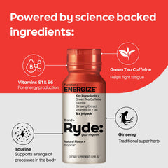 Ryde Energize Shot taurine and ginseng ingredients close-up signaling balanced energy.