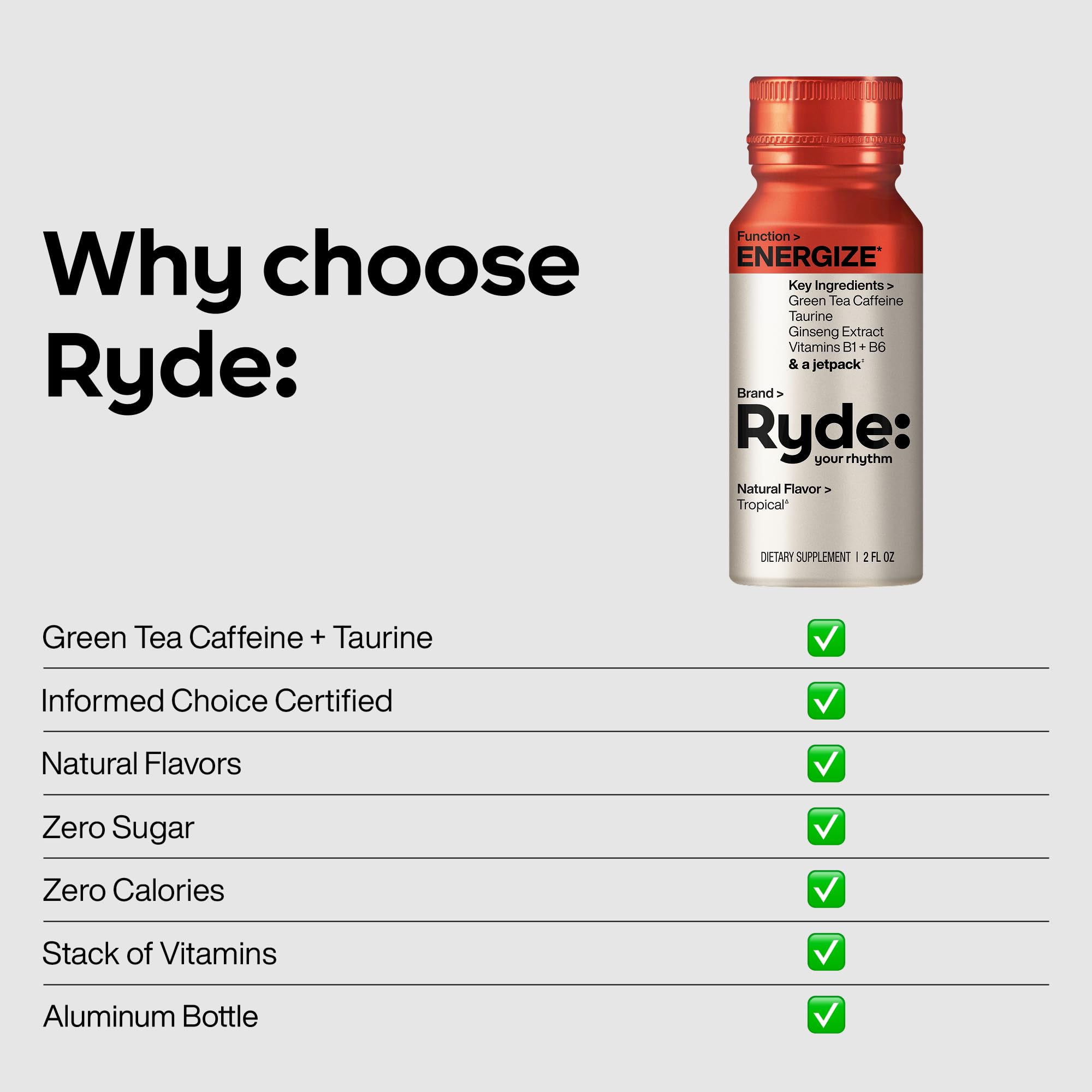 Ryde Energize Shot tropical flavor visual with caffeine kick