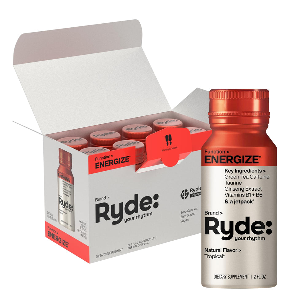 Ryde Energize Shot tropical front bottle, refreshing energy on the go
