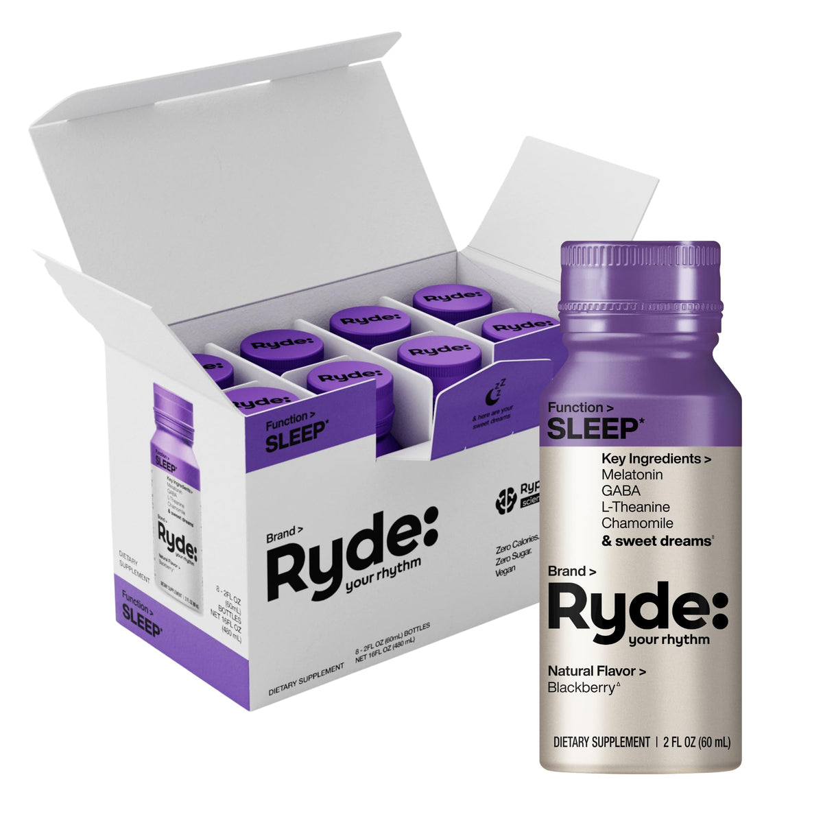 Ryde Sleep bottle front, a compact 2oz shot for occasional use beside nighttime ritual.